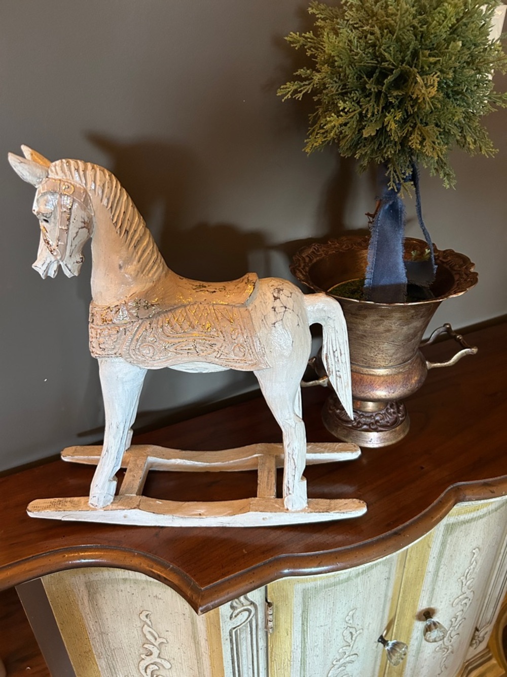 White and Gold Gilt Distressed Decorative Wooden Rocking Horse